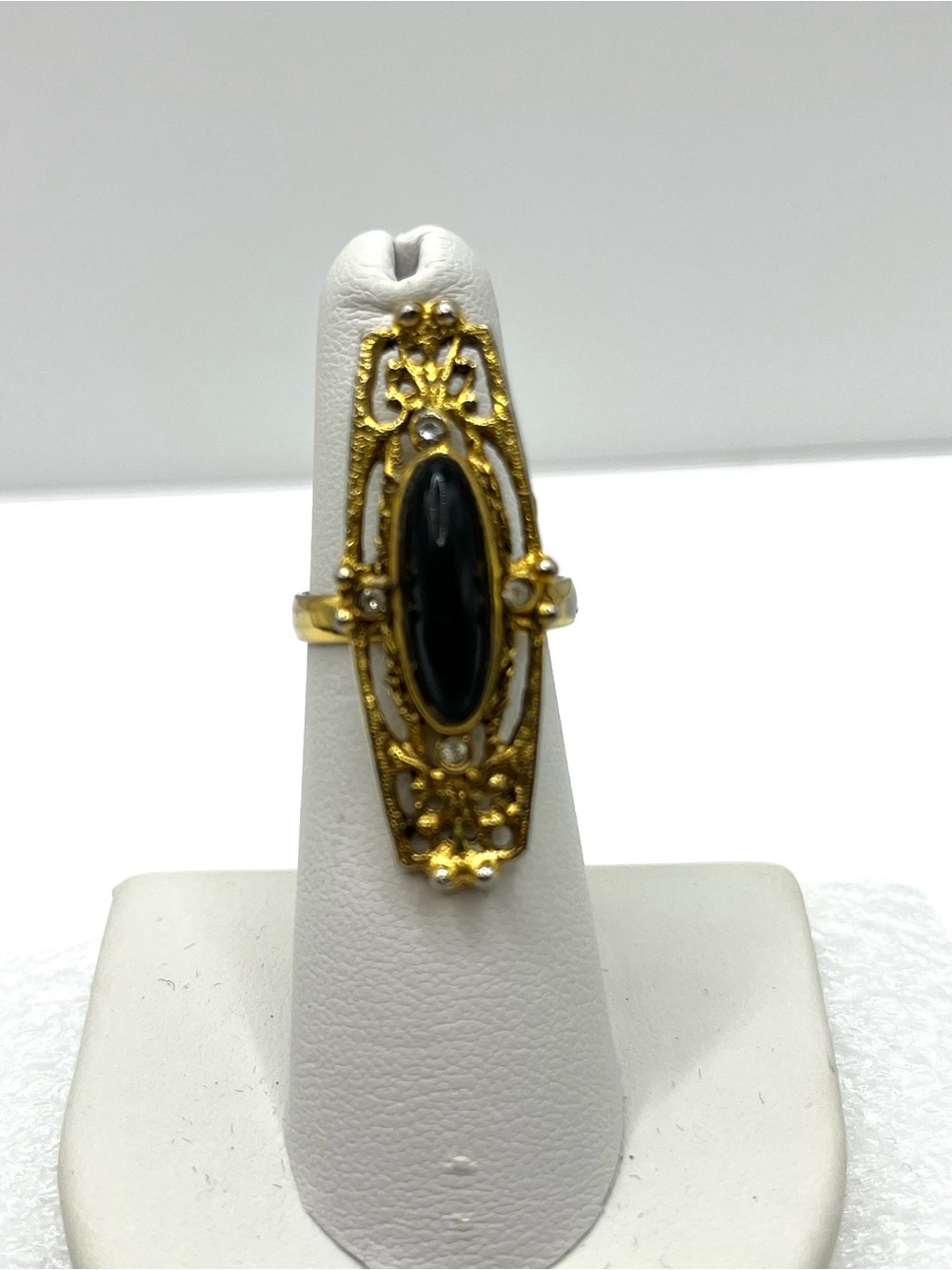 Vintage Gold Filigree Ring with Black Center Stone adjustable size
